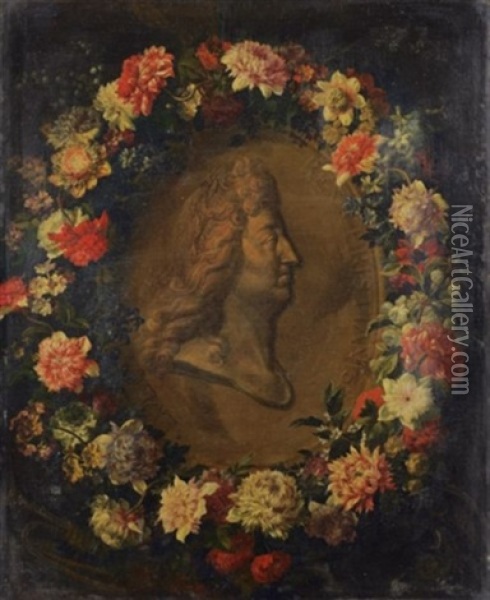 Guirlande De Fleurs Avec Anemones Entourant Le Portrait De Louis Xiv En Medaillon Oil Painting - Jean-Baptiste Monnoyer