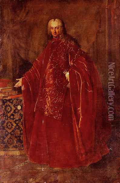 Portrait Of A Venetian Senator, Full Length, Standing By A Table Oil Painting - Nazzario Nazzari