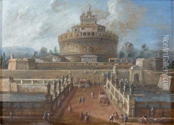 Vue Du Pont Et Du Chateau Saint Ange, Rome Oil Painting - (circle of) Wittel, Gaspar van (Vanvitelli)