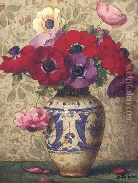 Pansies in a blue and white vase Oil Painting - Ernest Filliard
