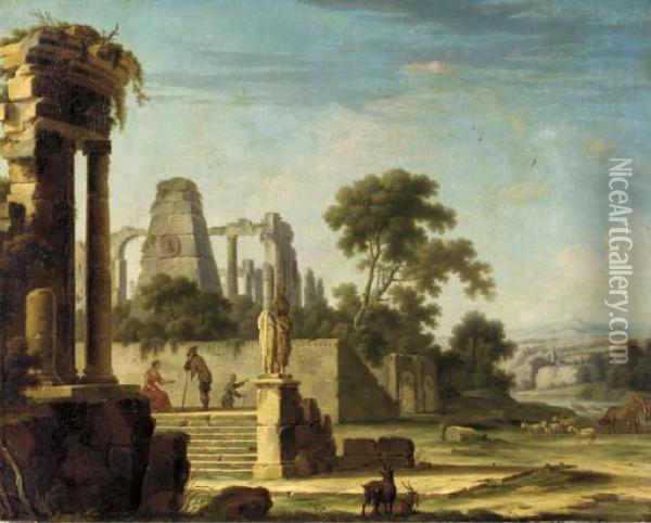 An Italianate Landscape With Architectural Ruins And Figures Oil Painting - Etienne Allegrain