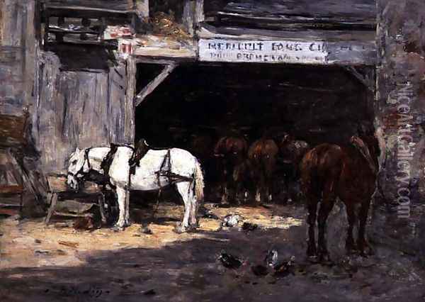 Horses for Hire in a Yard c.1885-90 Oil Painting - Eugene Boudin