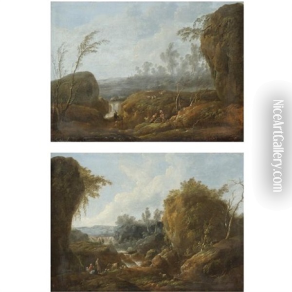 An Extensive River Landscape With A Waterfall And A Peasant Couple With A Dog In The Foreground ( Pair) Oil Painting - Jean Baptiste Pillement