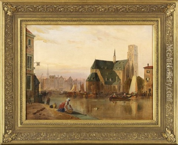 Busy Day By The Cathedral Oil Painting - Lewis John Wood