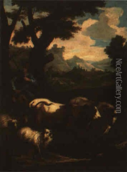 Landscape With A Drover With Cattle And Sheep Oil Painting - Domenico Brandi