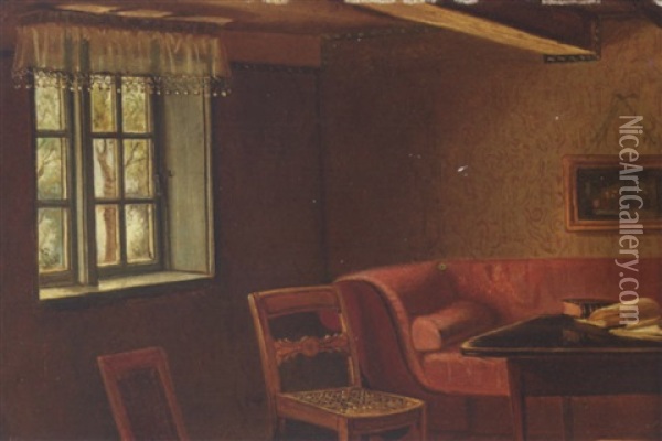 Interior Fra En Bondestue Med Stol, Bord Og Rod Sofa Oil Painting - Johann Julius Exner