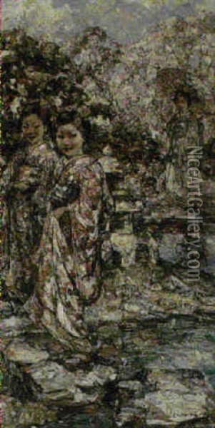 In A Japanese Garden Oil Painting - Edward Atkinson Hornel
