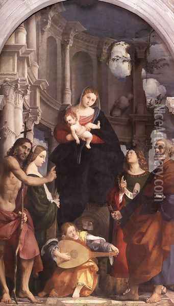 Madonna and Child Enthroned with Saints c. 1525 Oil Painting - (Giovanni Antonio de' Sacchis) Pordenone