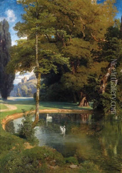 Idylle Am Parkteich, Im Hintergrund Eine Burg Oil Painting - Anton Hlavacek