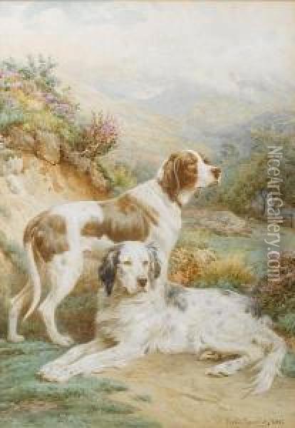 An English Setter And A Pointer In Alandscape Oil Painting - Basil Bradley