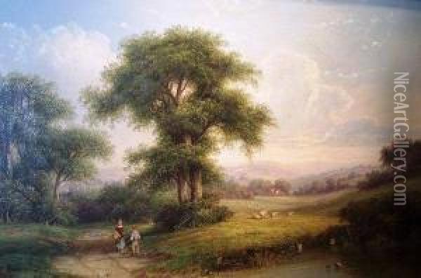 Children And Sheep By A Pond Oil Painting - Walter Williams
