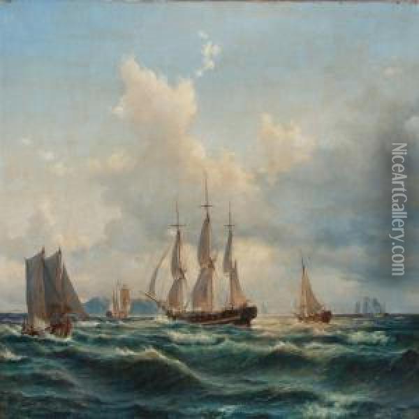 Ships Off A Rocky Coast Oil Painting - C. F. Sorensen
