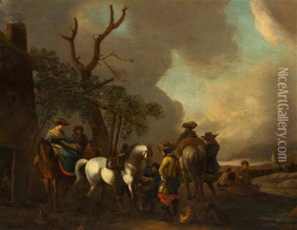 The Horse Shoeing, Camp Scene Oil Painting - Pieter Wouwerman