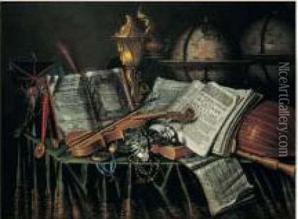 Nature Morte Aux Globes 
Terrestres Et Celestes, Instruments De Musique Et Pieces D'orfevrerie Oil Painting - Edwart Collier