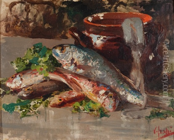 Stillleben Mit Fischen Und Keramiktopf Oil Painting - Vincenzo Irolli