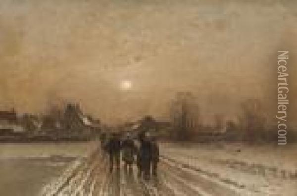 Winterlicher Dorfweg Oil Painting - Johann Jungblutt
