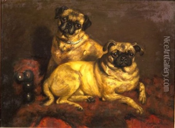 Two Pugs On A Red Divan Oil Painting - George Paice