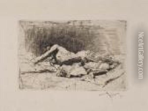 Two Etchings.
Reclining Robed Figure Oil Painting - Mariano Jose Maria Bernardo Fortuny y Carbo