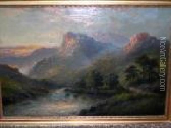 Cattle Crossing Amountain River Oil Painting - William Langley