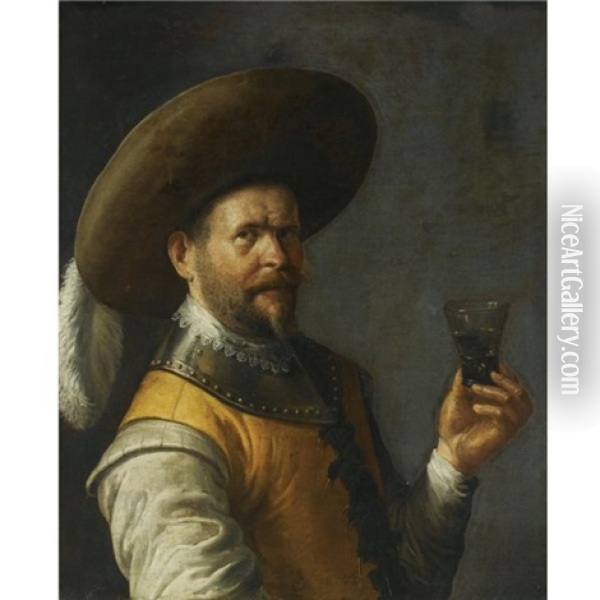 A Self Portrait Of The Artist, Dressed As A Cavalier, Wearing A Feathered Head, Holding A Glass In His Left Hand Oil Painting - Joost Cornelisz. Droochsloot