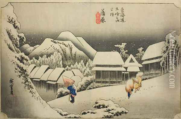Kanbara, Evening Snow Oil Painting - Utagawa or Ando Hiroshige