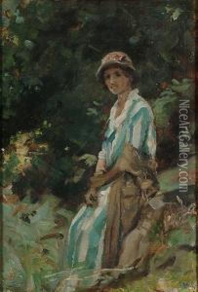 Mignonne Hartwell Seated In Woodland Oil Painting - Percy Harland Fisher