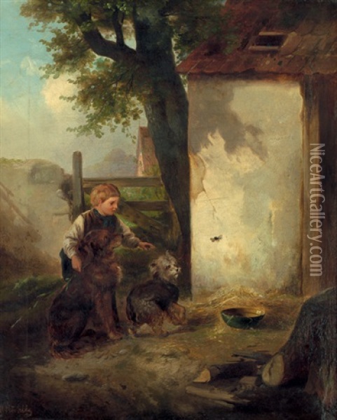 Knabe Mit Zwei Hunden Eine Biene Beobachtend Oil Painting - Meno Muehlig