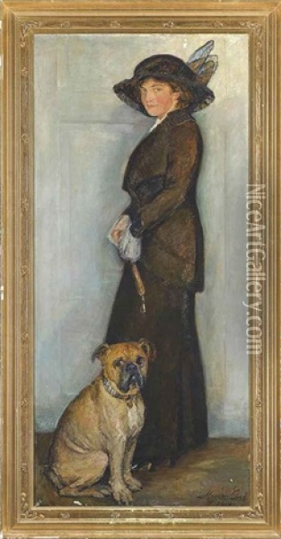 Portrait Of An Elegant Lady With Her Dog Oil Painting - Mogens Gad