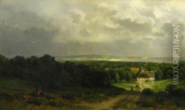 Dutch Coastal Landscape With Farmyards, Upcoming Rain. To The Front On A Fieldpath A Shepherd And His Stock. Signed And Dated Bottom Right: Ferd. Hoppe 86 Oil Painting - Ferdinand Hoppe