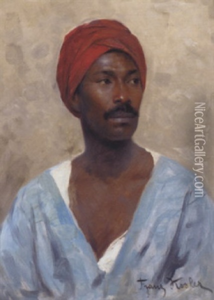 Portrait Of An Arab, Head And Shoulders, In A Blue Smock And Red Turban Oil Painting - Franz Xavier Kosler
