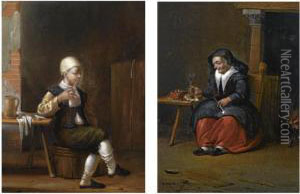 A Man Sitting At A Table And Smoking In An Inn; An Elderly Woman Smoking And Holding A Wine Glass In An Inn Oil Painting - Francois Paludanus
