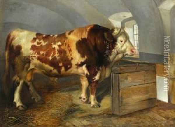 Der Stier In Der Stallung Oil Painting - Carl Rudolf S. Huber