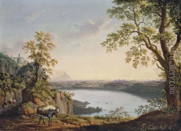 Lake Nemi From The North, With 
The Town Of Nemi And The Town Of Genzano Beyond, With A Donkey And 
Travellers On A Path In The Foreground Oil Painting - Jacob Philipp Hackert