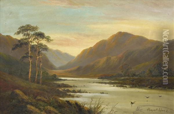 Evening Andmorning, Highland Loch Scenes A Pair, Oil On Canvas One Signedlower Left, The Other Lower Right 50cm X 76cm Oil Painting - Clement Adams