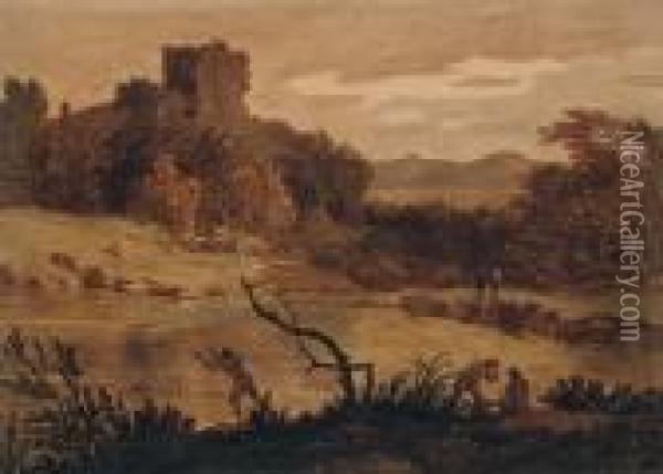 A Landscape With Men Bathing And A Ruined Tower Beyond Oil Painting - Alexander Cozens