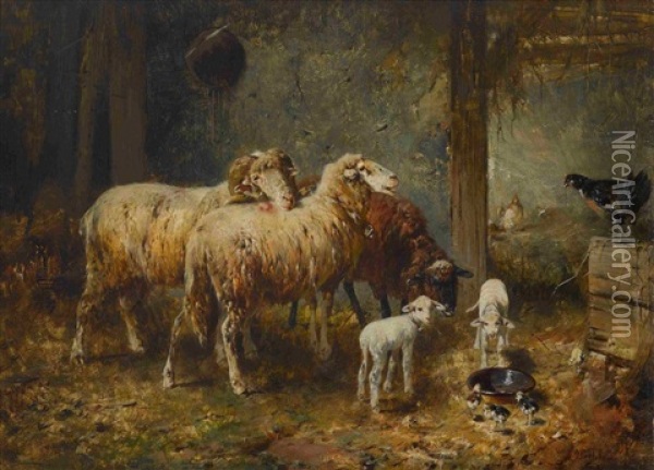 Schafe Und Huhner Im Stall Oil Painting - Otto Friedrich Gebler