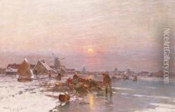 Ice-fishing At Dusk Oil Painting - Johann Jungblutt