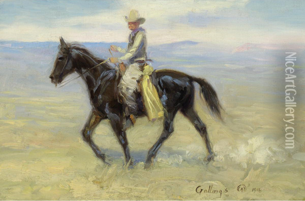 Cowboy Riding The Range Oil Painting - William Evans Linton