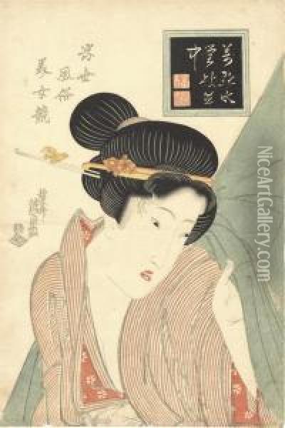 Beauty And Mosquito Net Oil Painting - Keisai Eisen