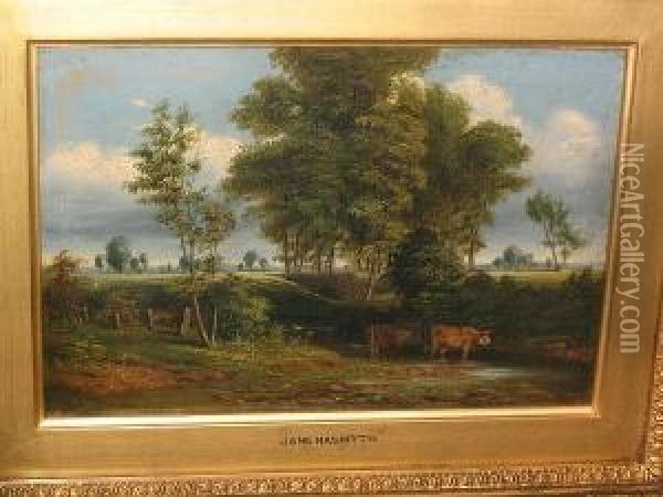 Country Landscape With Cattle Watering At A Stream Oil Painting - Jane Nasmyth