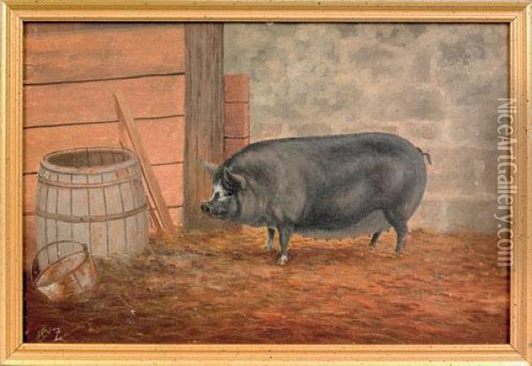 Barn Scene Of A Pig And Barrel Oil Painting - George Cope