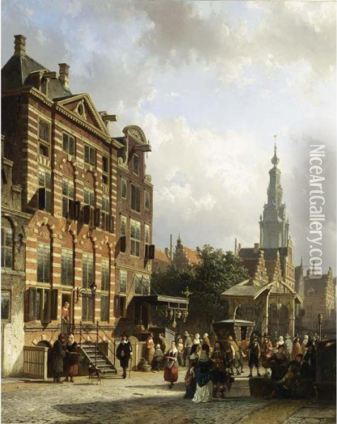 A View Of The Jodenbreestraat With The Rembrandthuis, Amsterdam Oil Painting - Cornelis Springer