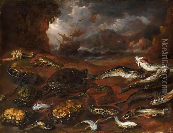 A Still Life Of Fish, Tortoises And Lobster On A Beach, A Stormy Sea Beyond Oil Painting - Peeter Boel