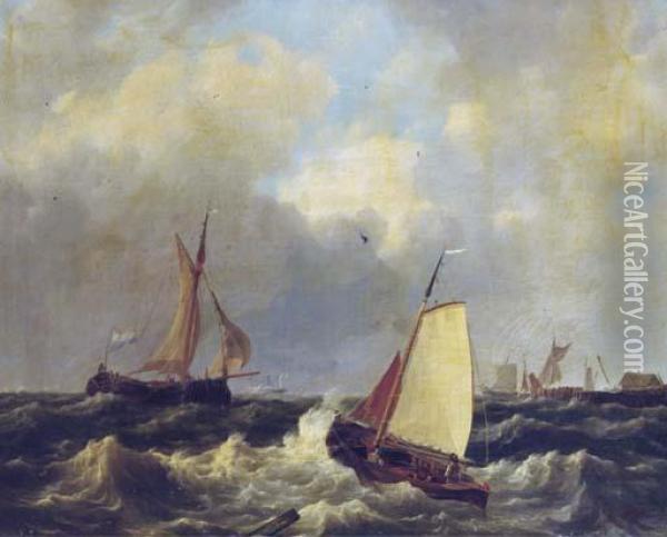 Sailing On Choppy Waters By A Coast Oil Painting - Hendrik Jacob Elzer