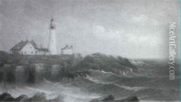 View Of The Headlight Portland Harbor Oil Painting - George M. Hathaway