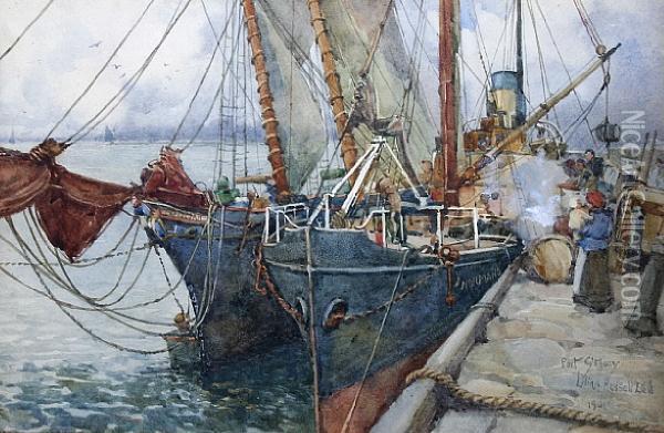 Trawlers In The Harbour, 'port St. Mary', Isle Of Man Oil Painting - Lilian Russell - Bell