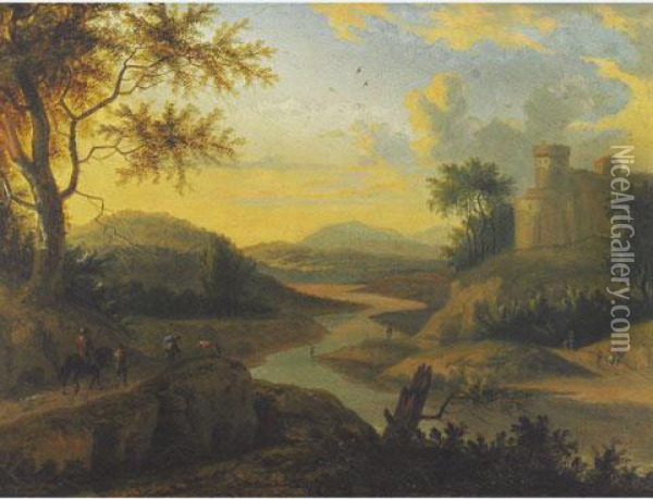 Travellers And Their Dogs In An Extensive Riverlandscape Oil Painting - Franz Graff