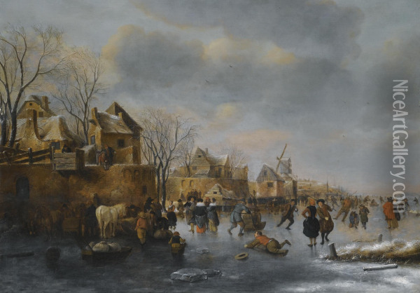 An Extensive Winter Landscape With Numerous Figures On The Ice Oil Painting - Claes Molenaar (see Molenaer)