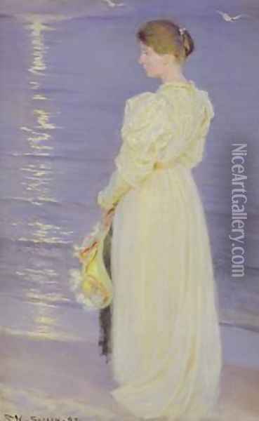 Woman in White on a Beach Oil Painting - Peder Severin Kroyer