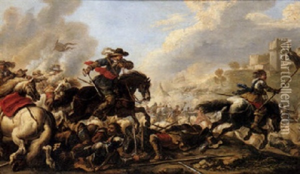 A Cavalry Engagement With A Horseman Holding A Flag High And A Fortified Town Beyond Oil Painting - Jacques Courtois
